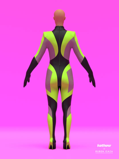 Cyber Striped Full-Body Catsuit Sewing Pattern by Ruben Isaza and Katkow Drag Queen and Standard Womens Costume Outfit Stretch Cutout Colorblock Nude Dancewear Festival Rave Cosplay Mugler Future Back