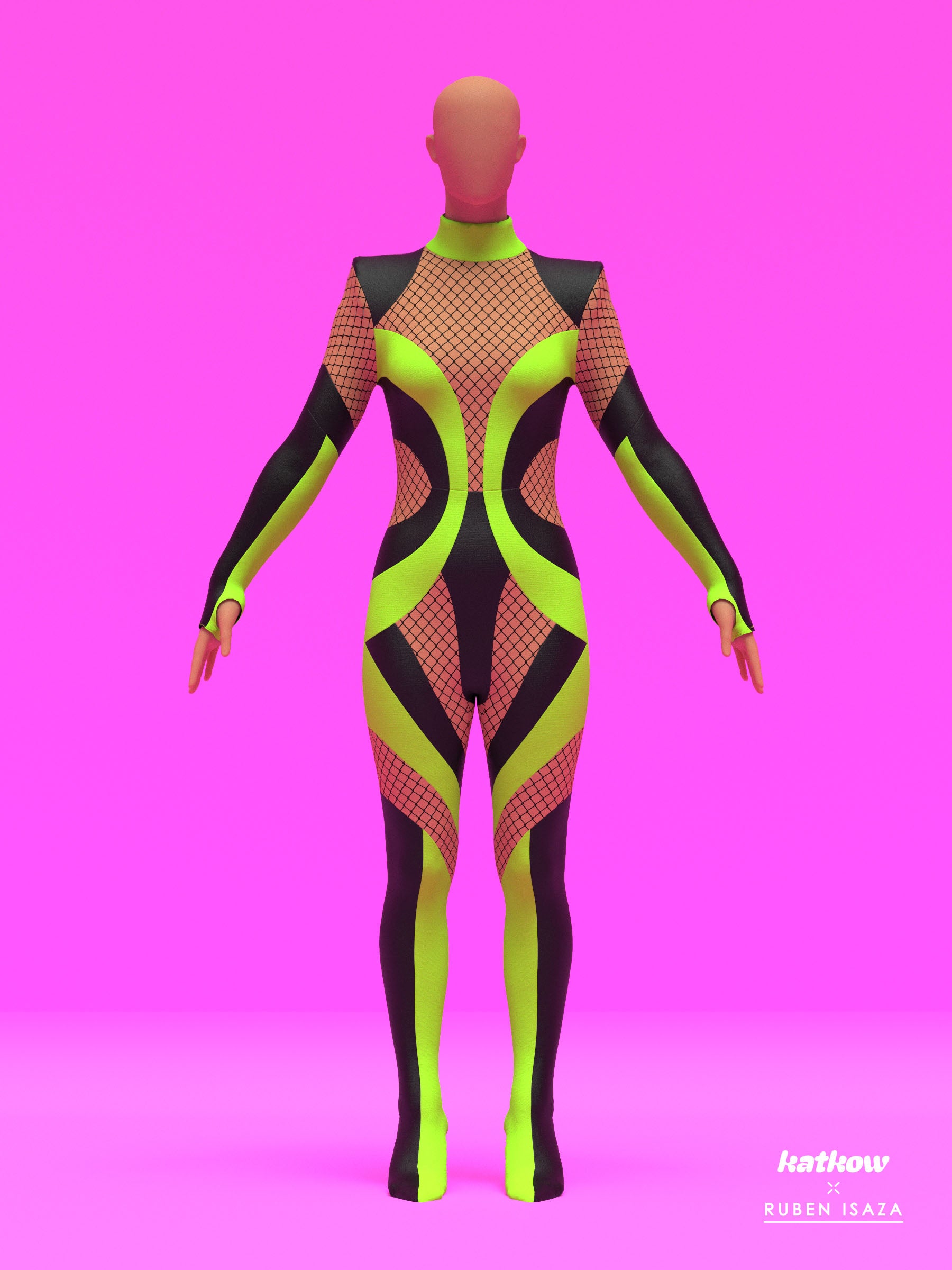 Fishnet Mesh Striped Full-Body Catsuit Sewing Pattern by Ruben Isaza and Katkow Drag Queen and Standard Womens Costume Outfit Stretch Cutout Colorblock Nude Dancewear Festival Rave Cosplay Mugler Front