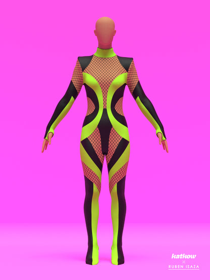 Fishnet Mesh Striped Full-Body Catsuit Sewing Pattern by Ruben Isaza and Katkow Drag Queen and Standard Womens Costume Outfit Stretch Cutout Colorblock Nude Dancewear Festival Rave Cosplay Mugler Front