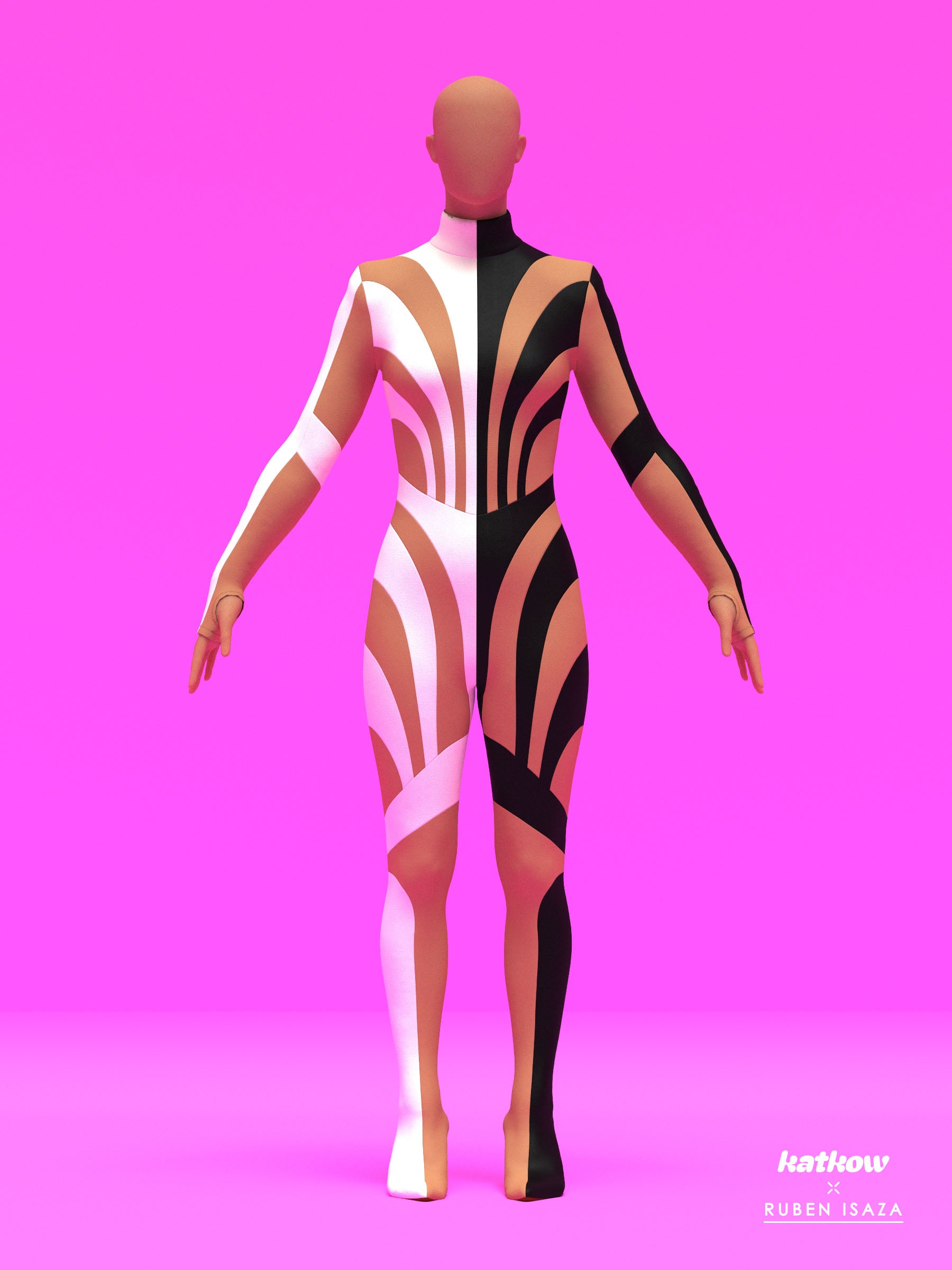 Half Striped Full-Body Catsuit Sewing Pattern by Ruben Isaza and Katkow Drag Queen and Standard Womens Costume Outfit Stretch Cutout Colorblock Nude Dancewear Festival Rave Cosplay Mugler Front