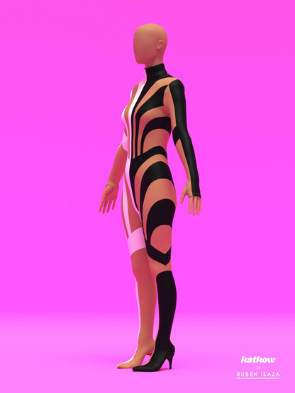 Half Striped Full-Body Catsuit Sewing Pattern by Ruben Isaza and Katkow Drag Queen and Standard Womens Costume Outfit Stretch Cutout Colorblock Nude Dancewear Festival Rave Cosplay Mugler Side A