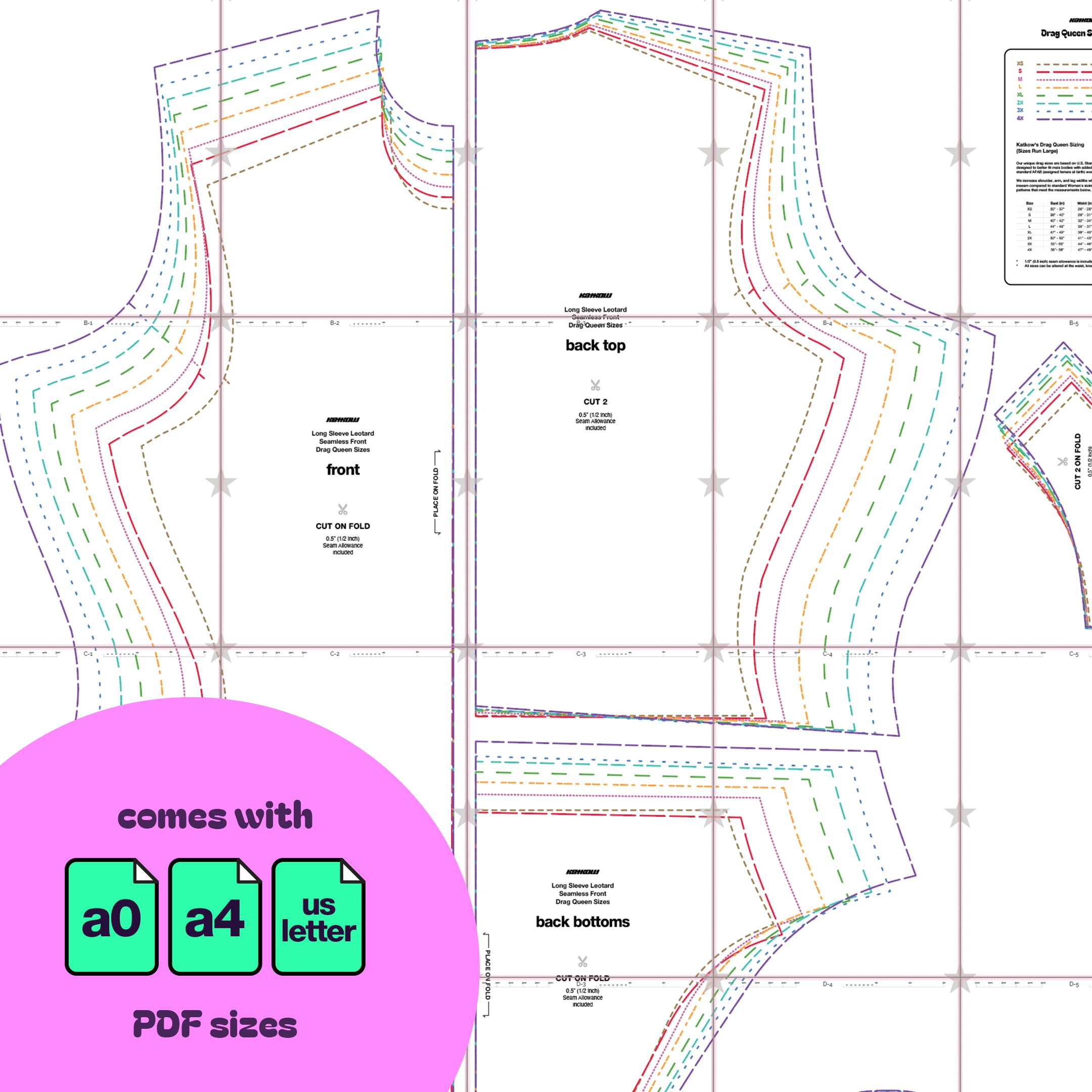 Katkow Long Sleeve Leotard Sewing Pattern (Sizes XS-4X) - Drag Queen Womens pdf