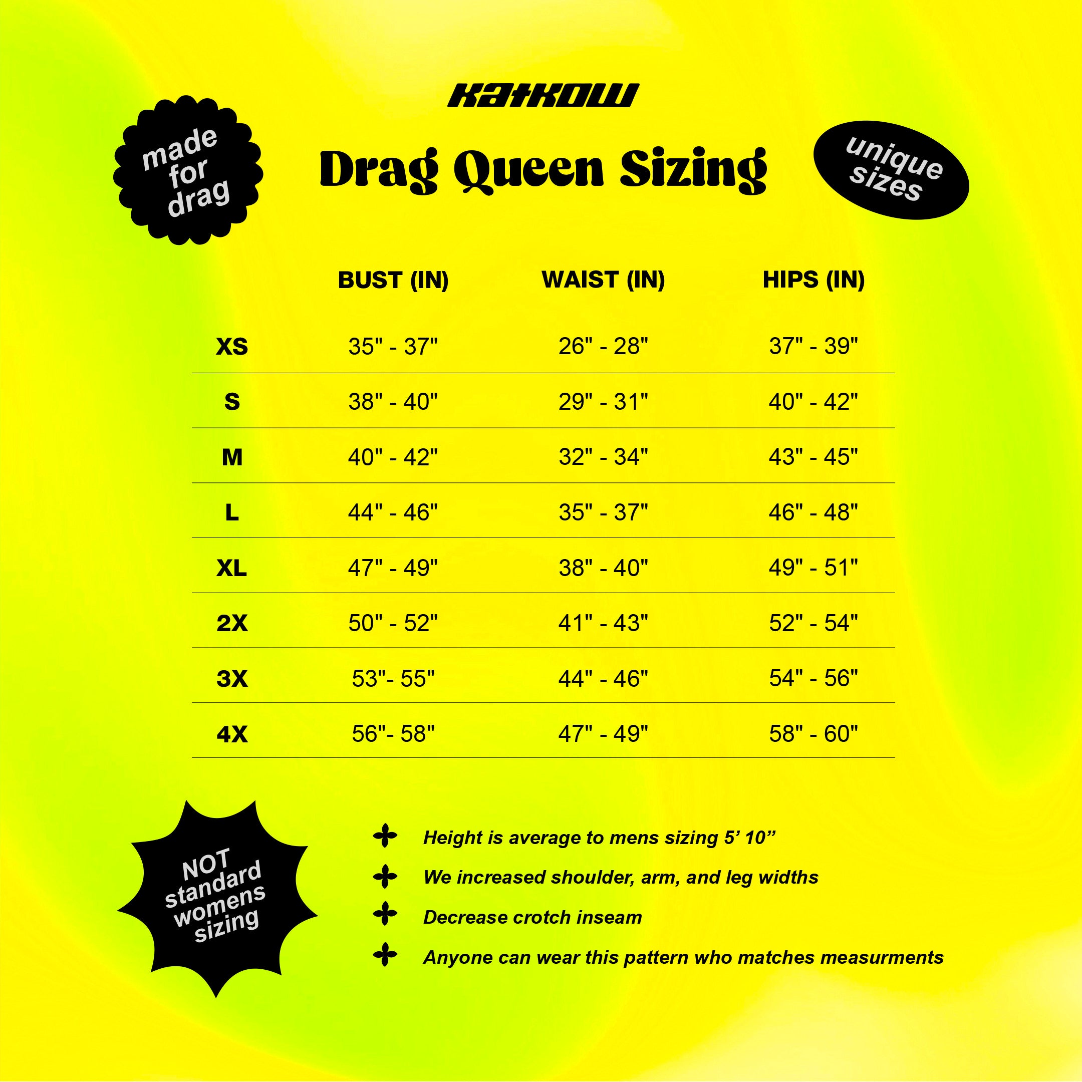 Katkow Drag Queen Catsuit Sewing Pattern sizing