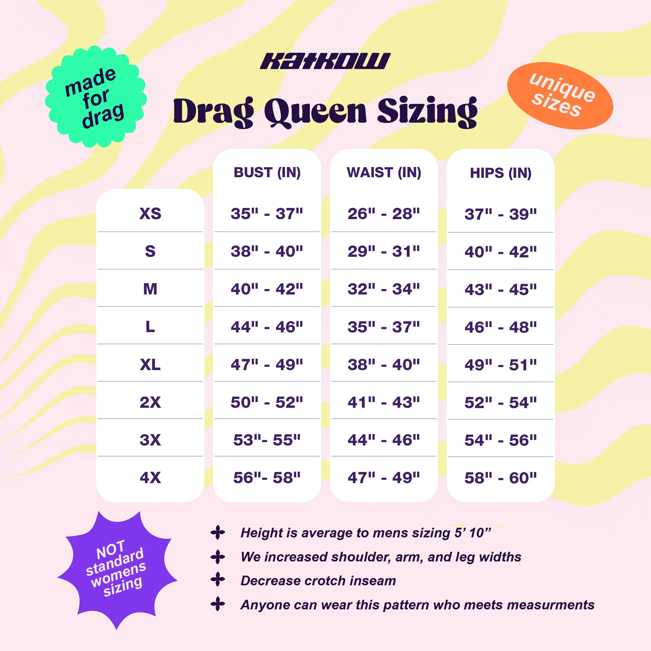 Katkow Baggy High Waisted Cargo Pants Sewing Pattern (XS-4X) PDF For Drag Queens Size Chart