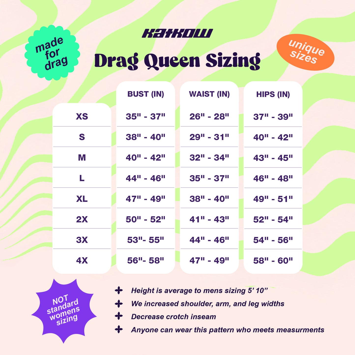 Katkow Off Shoulder Snatched Bodycon Mini Stretch Dress Sewing Pattern (XS-4X) PDF For Drag Queens Cosplay Festivals Goth Size Chart