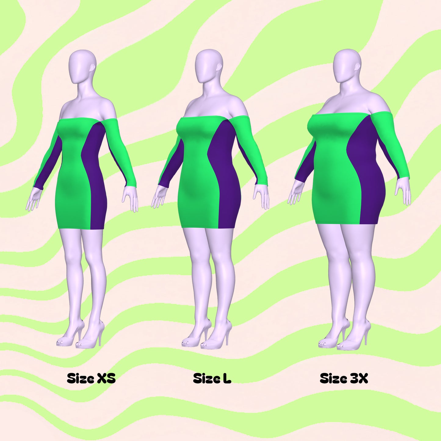 Katkow Off Shoulder Snatched Bodycon Mini Stretch Dress Sewing Pattern (XS-4X) PDF For Drag Queens Cosplay Festivals Goth Sizes