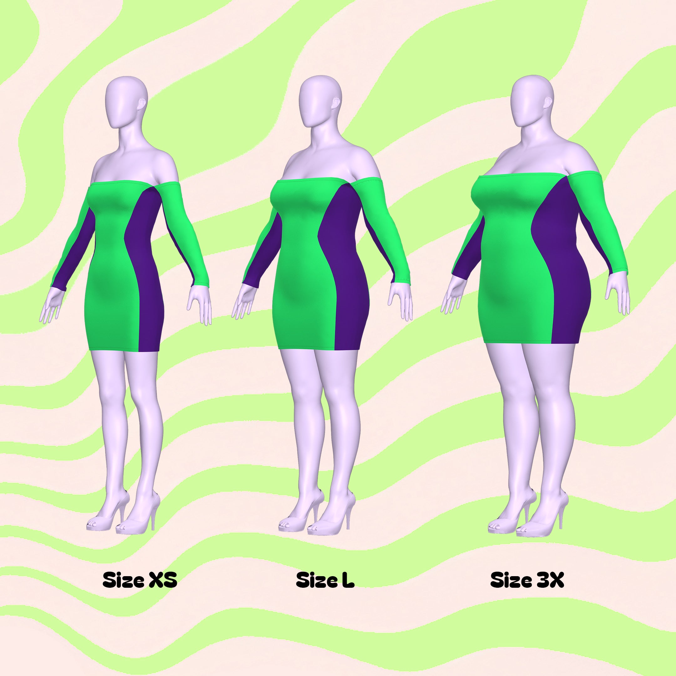 Katkow Off Shoulder Snatched Bodycon Mini Stretch Dress Sewing Pattern (XS-4X) PDF For Drag Queens Cosplay Festivals Goth Sizes