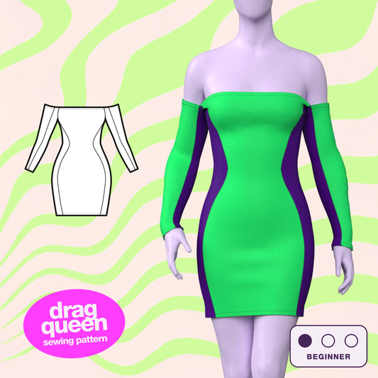 Katkow Off Shoulder Snatched Bodycon Mini Stretch Dress Sewing Pattern (XS-4X) PDF For Drag Queens Cosplay Festivals Goth 