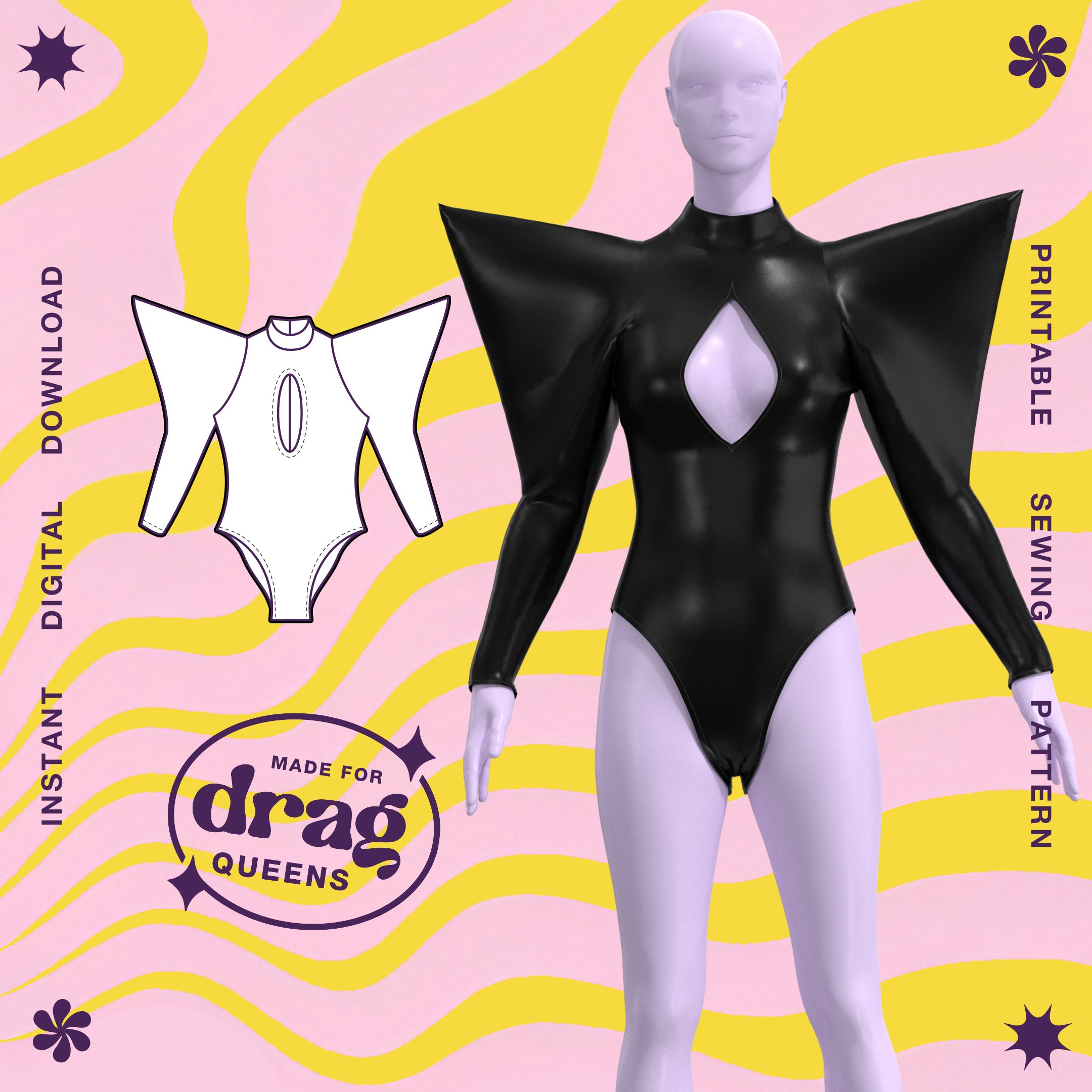 Katkow Power Shoulder Leotard Sewing Pattern Spike Strong Sleeve Drag Queen Costume Fashion Cosplay Bodysuit Goth Rave Stripper