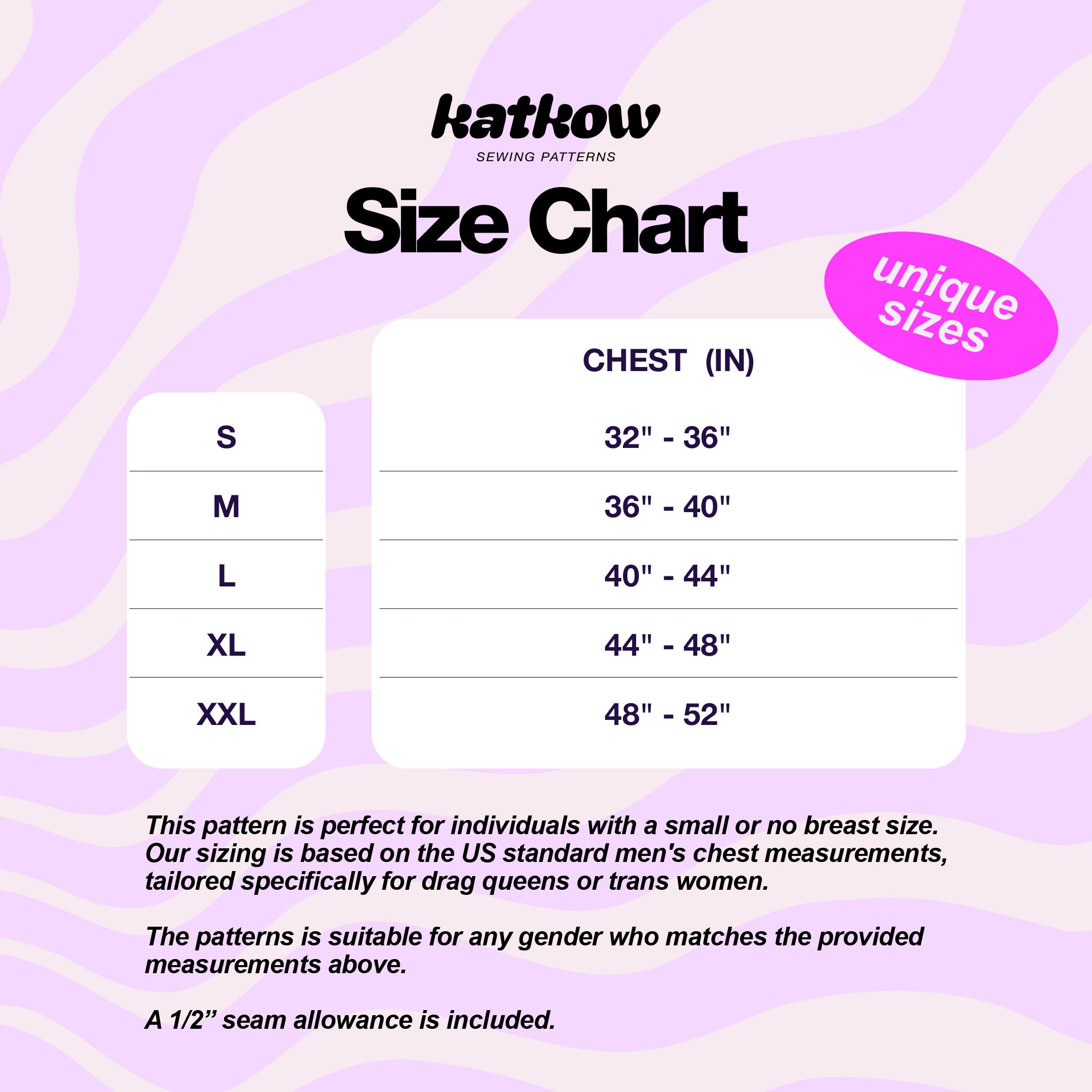 Katkow Tuckituppp Stuffed Padded Bikini Top Sewing Pattern (S-XXL) PDF For Drag Queens & Trans Women Size Chart