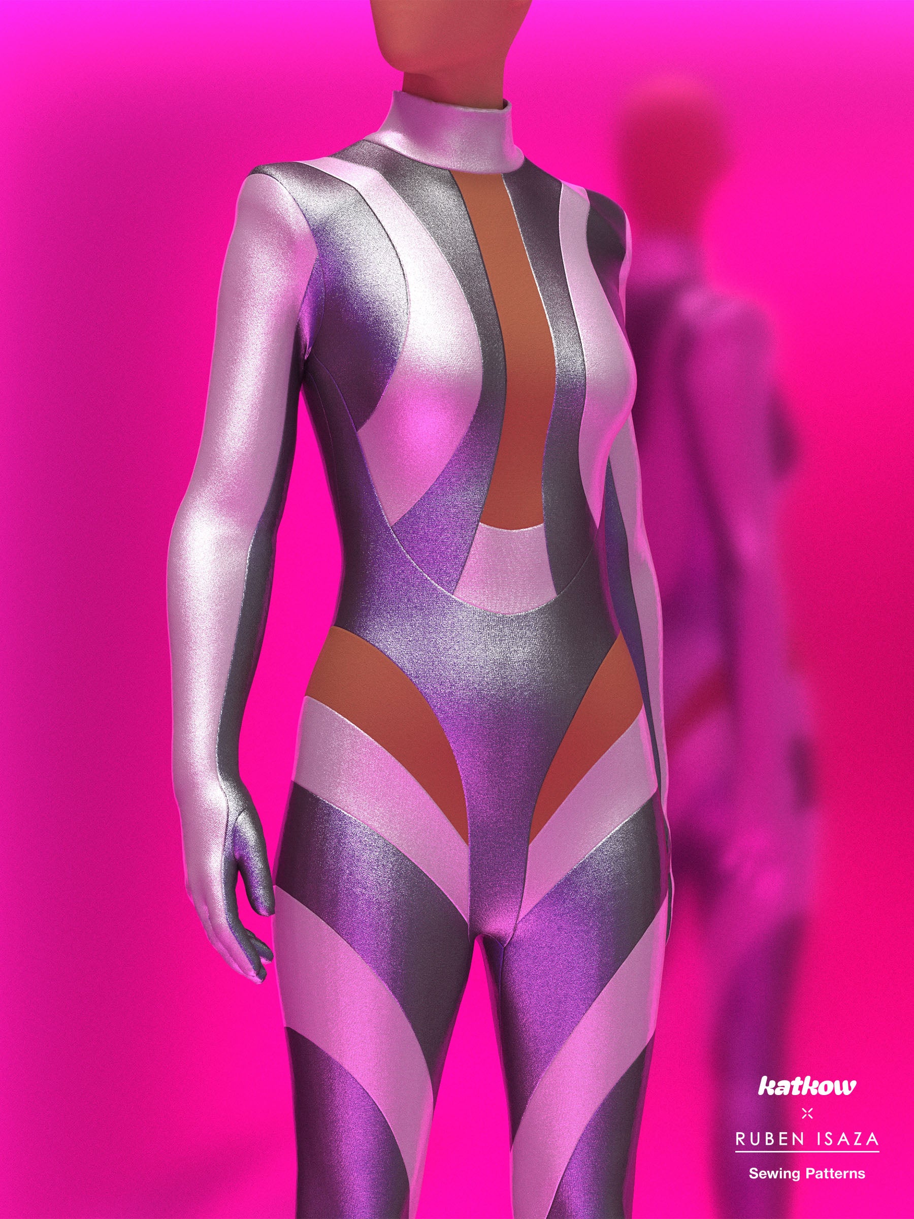 Silver Striped Full-Body Catsuit Sewing Pattern by Ruben Isaza and Katkow Drag Queen and Standard Womens Costume Outfit Stretch Cutout Colorblock Nude Dancewear Festival Rave Cosplay Mugler