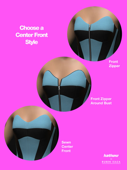 Zip Up Striped Denim and Leather Corset Sewing Pattern by Ruben Isaza and Katkow Drag Queen and Standard Womens Costume Outfit Cutout Colorblock Festival Rave Cosplay Modesty Panel, Front Zipper Corset Bustier Front Options