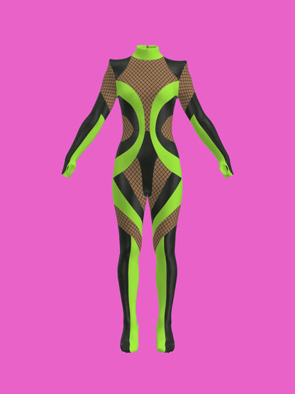 Fishnet Mesh Striped Full-Body Catsuit Sewing Pattern by Ruben Isaza and Katkow Drag Queen and Standard Womens Costume Outfit Stretch Cutout Colorblock Nude Dancewear Festival Rave Cosplay Mugler Video